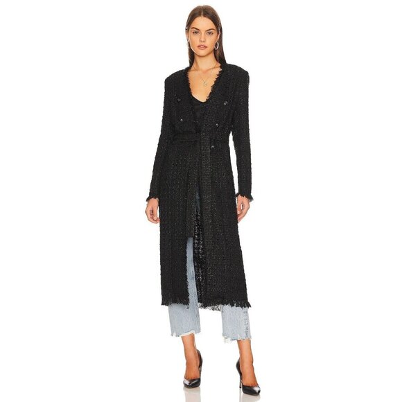 L'AGENCE Jacket Oakley Longline Double Breasted Black Tweed Fringe